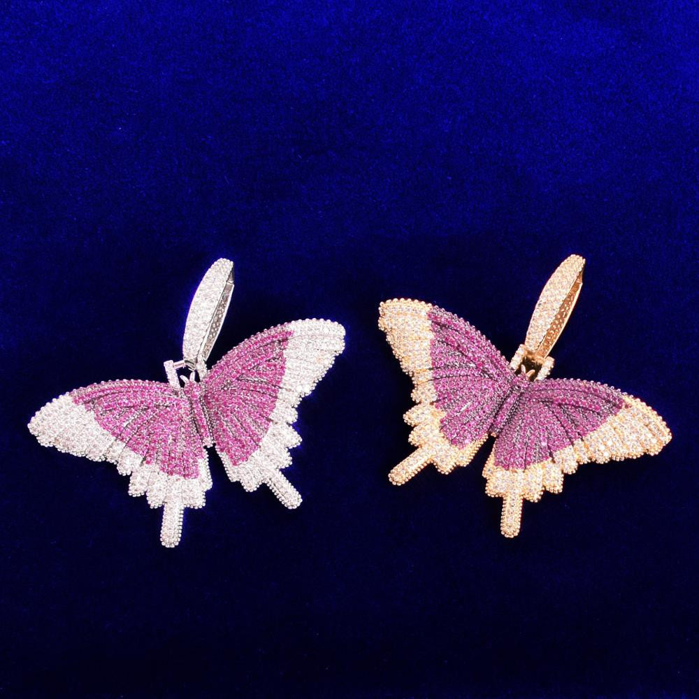 Double Stone 18k Gold 925 Silver AAA Micro Pave Butterfly Hip Hop Pendant Chain Necklace