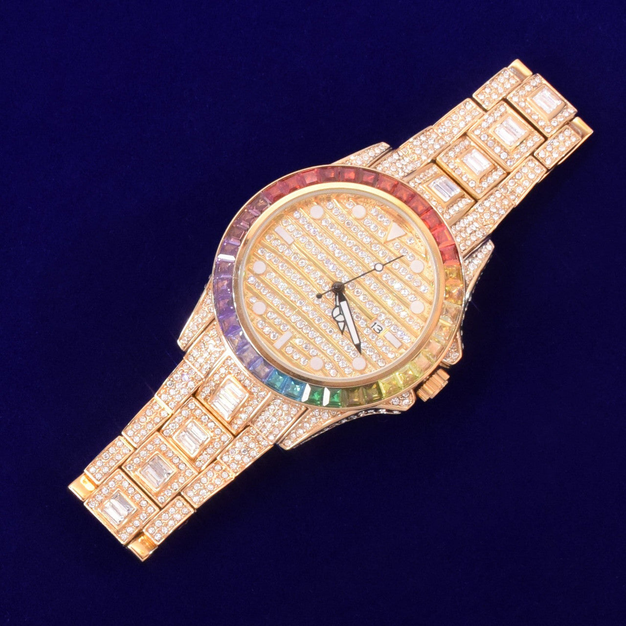 18k 925 Mens Big Boy Colorful Flooded Ice Stone Rainbow Bezel Wrist Watch