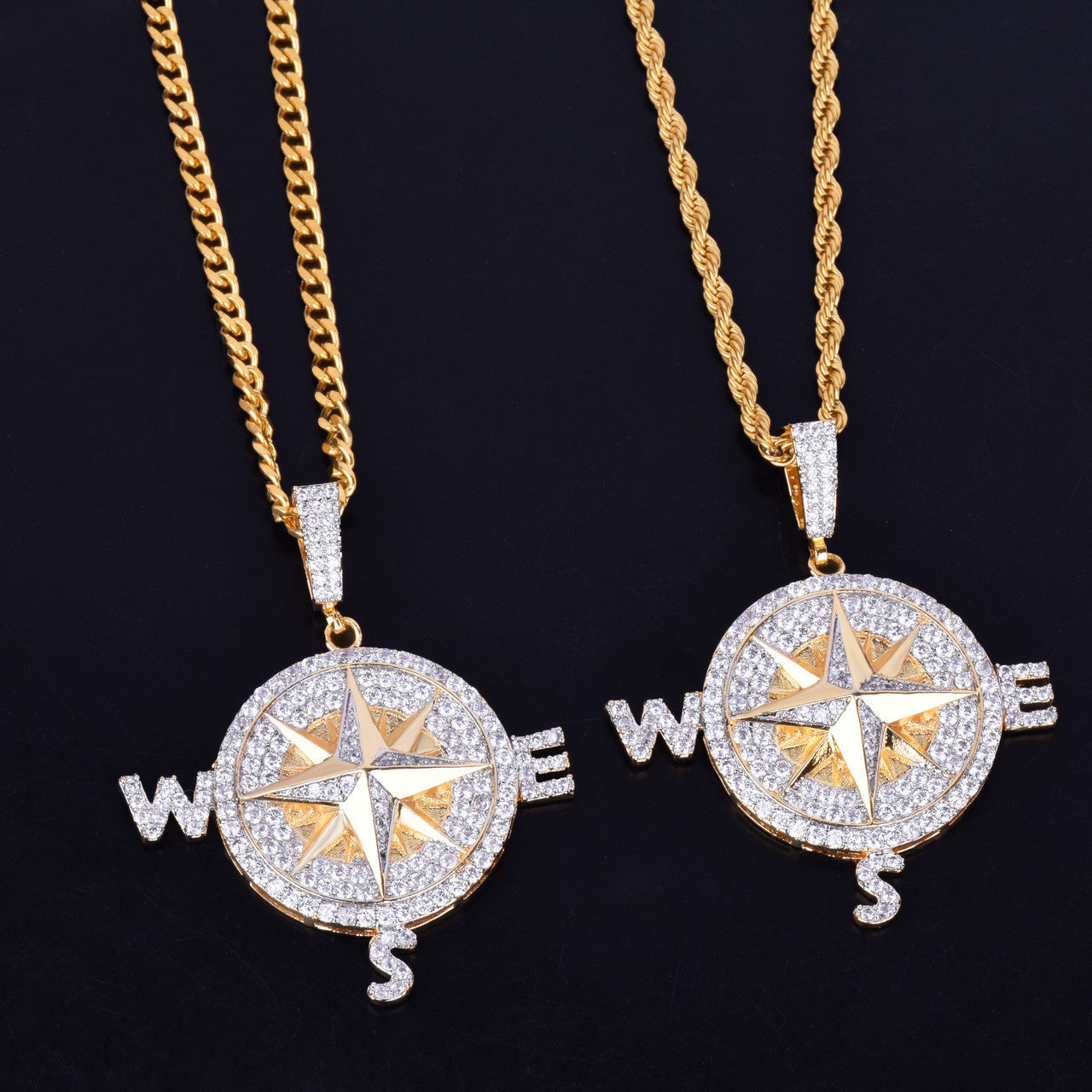 VVS Diamond CZ Money North South East West Compass Hip Hop Chain Necklace