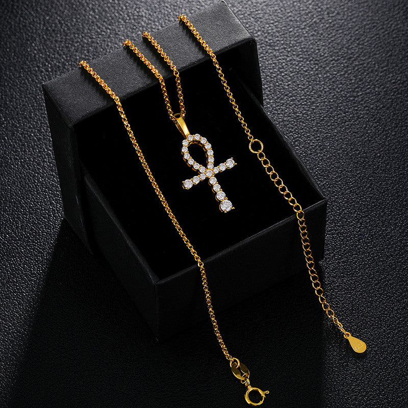 Genuine 100% Sterling Silver VVS1 Genuine Lab Diamond Ankh Cross Pendant Chain