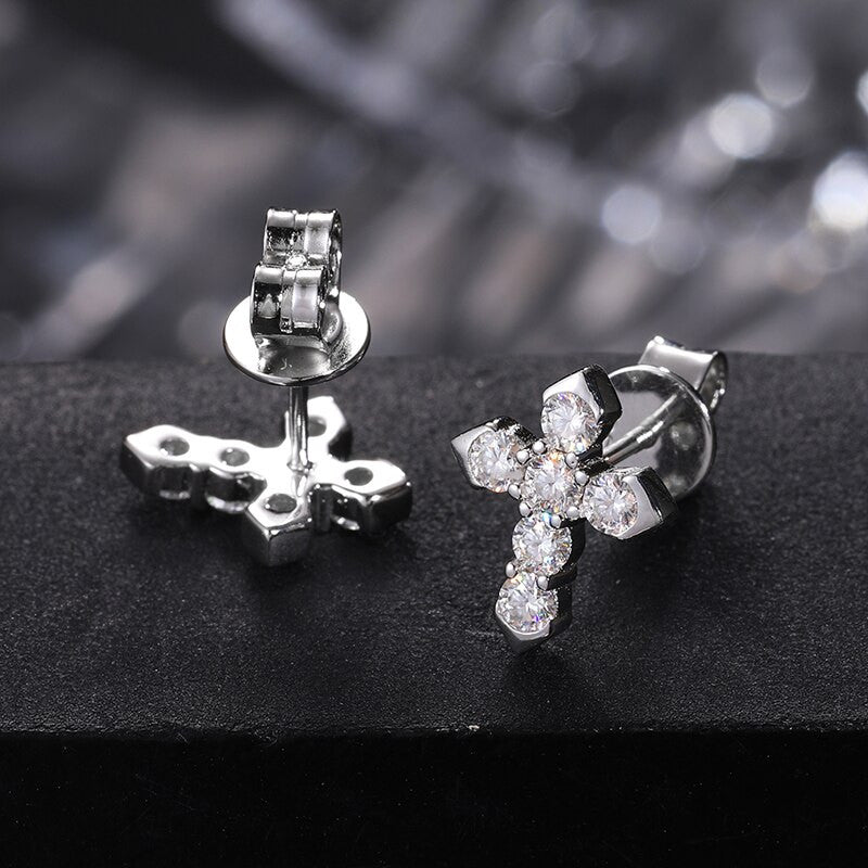 Genuine VVS Diamond Solid Sterling Silver Iced Blinged Out Cross Earrings