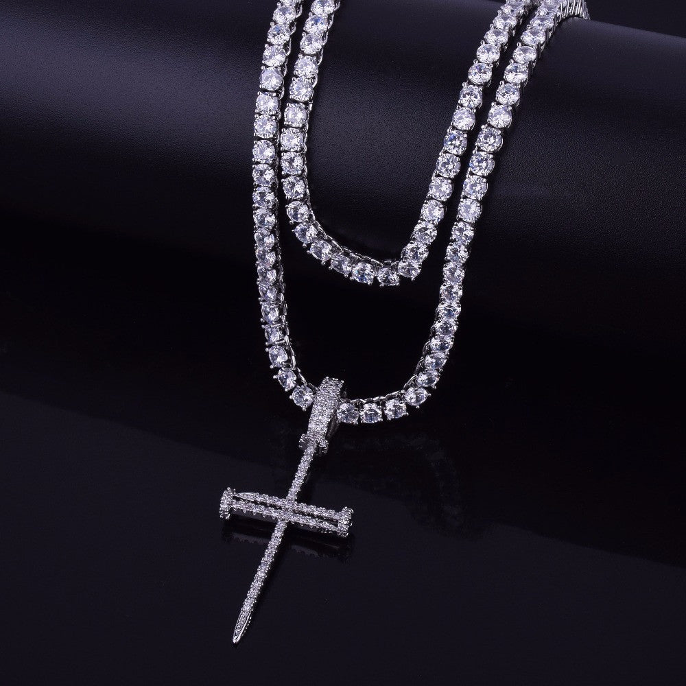 Jesus Nail 14k Gold Silver Micro Pave Cross Pendant With 4mm Tennis Chain Necklace