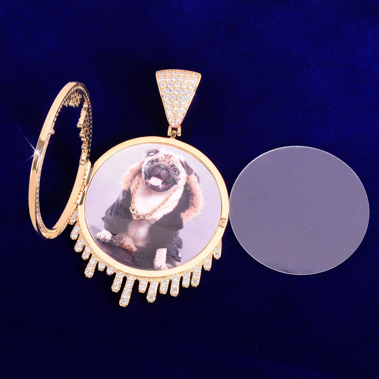 Solid Back Drip Drop Custom Photo 18k Gold Picture Pendant Chain Necklace