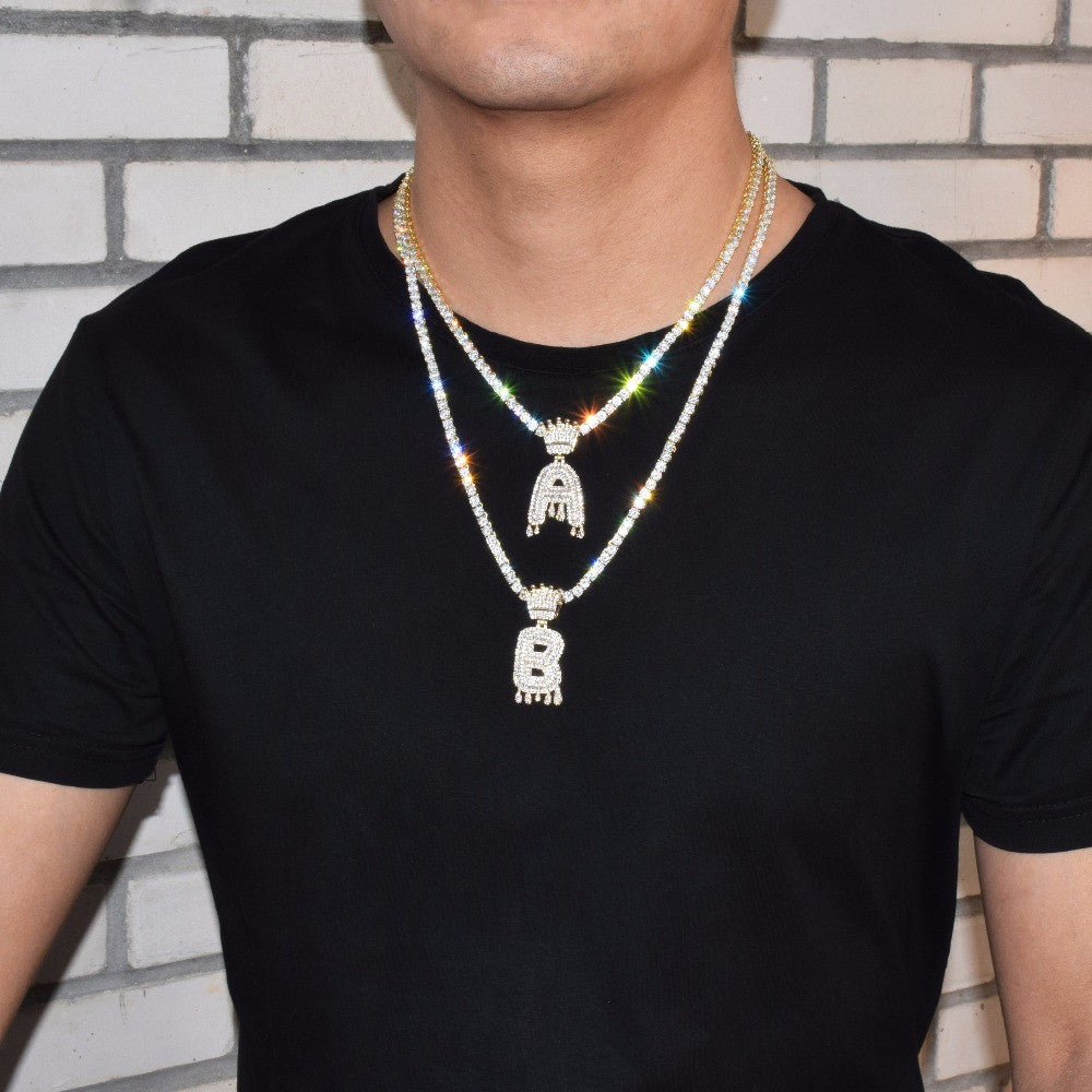 Micro Pave Custom Crown Bail Drip Initials Bubble Letters Pendant Chain Necklace