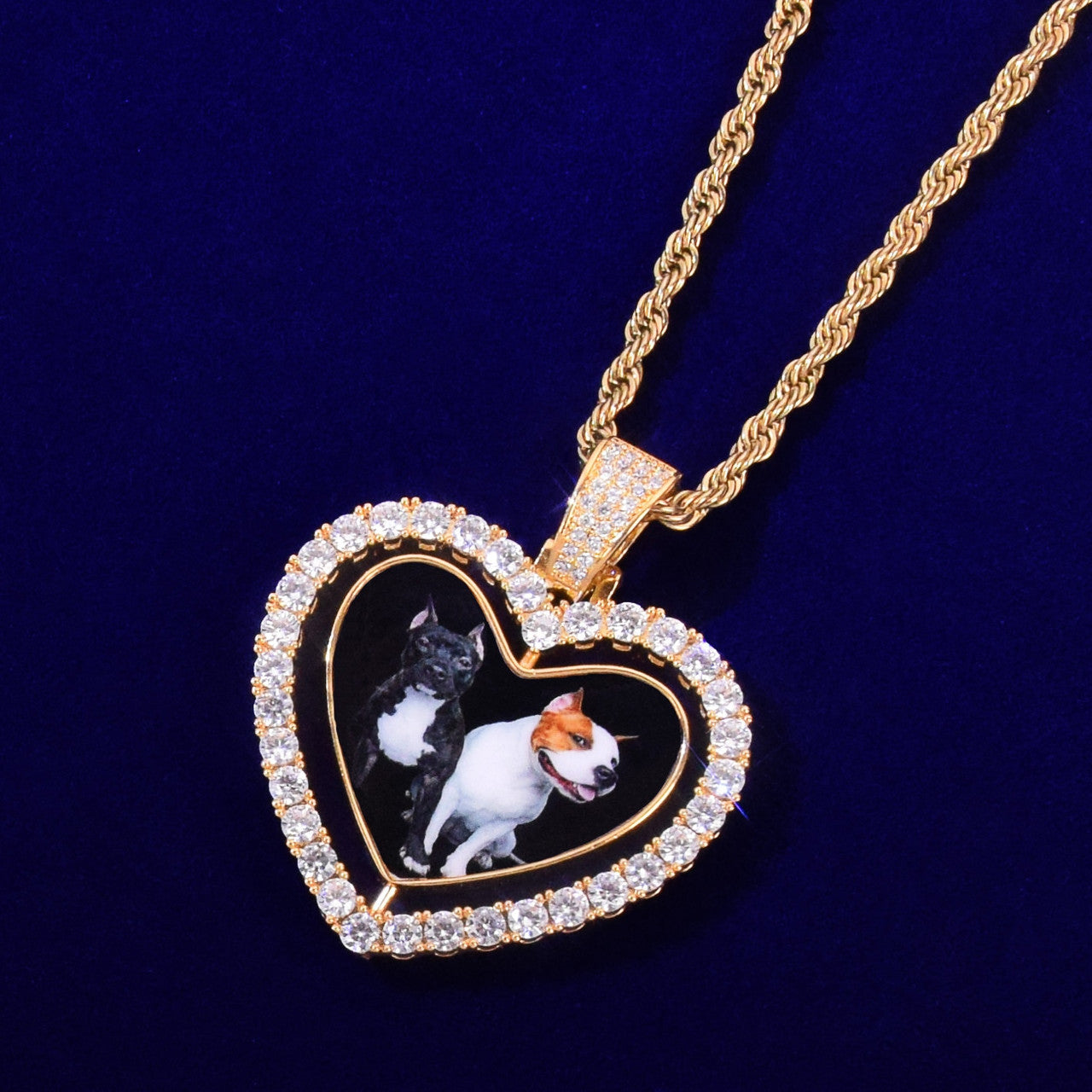 18k Silver Rose Gold Custom Made Rotating Double-Sided Rotating Heart Bling Necklace