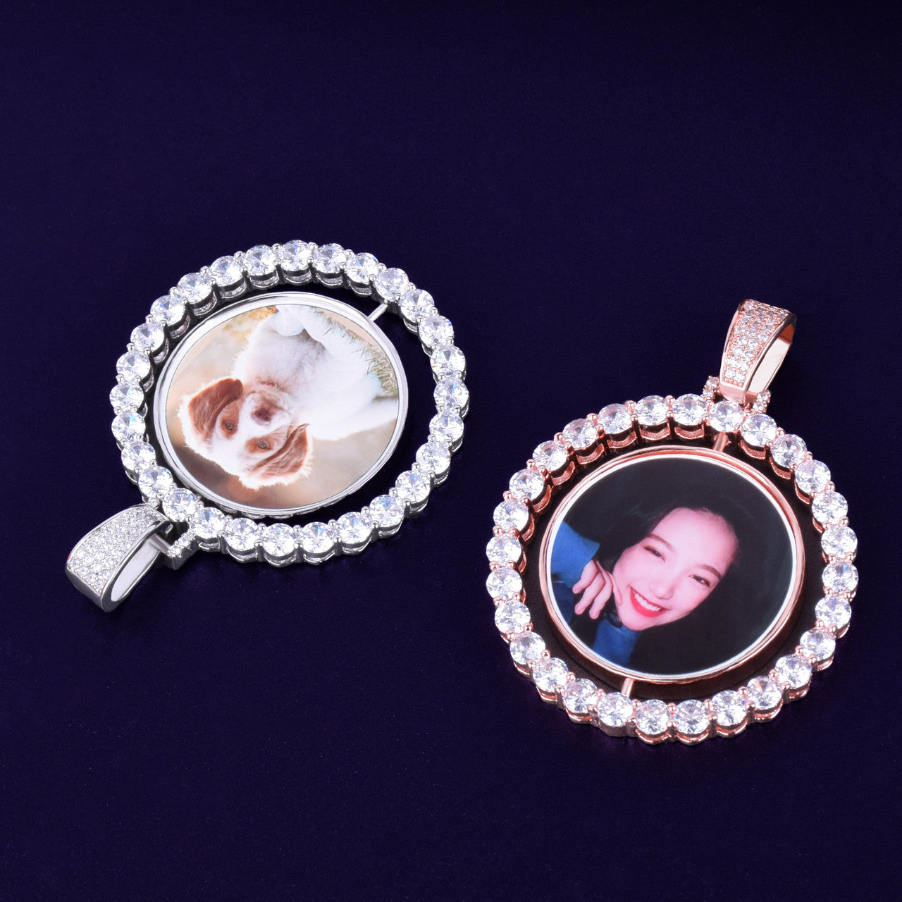 Iced Illumination | Custom Made Cluster Stone Rotating Double-Sided Photo Pendant