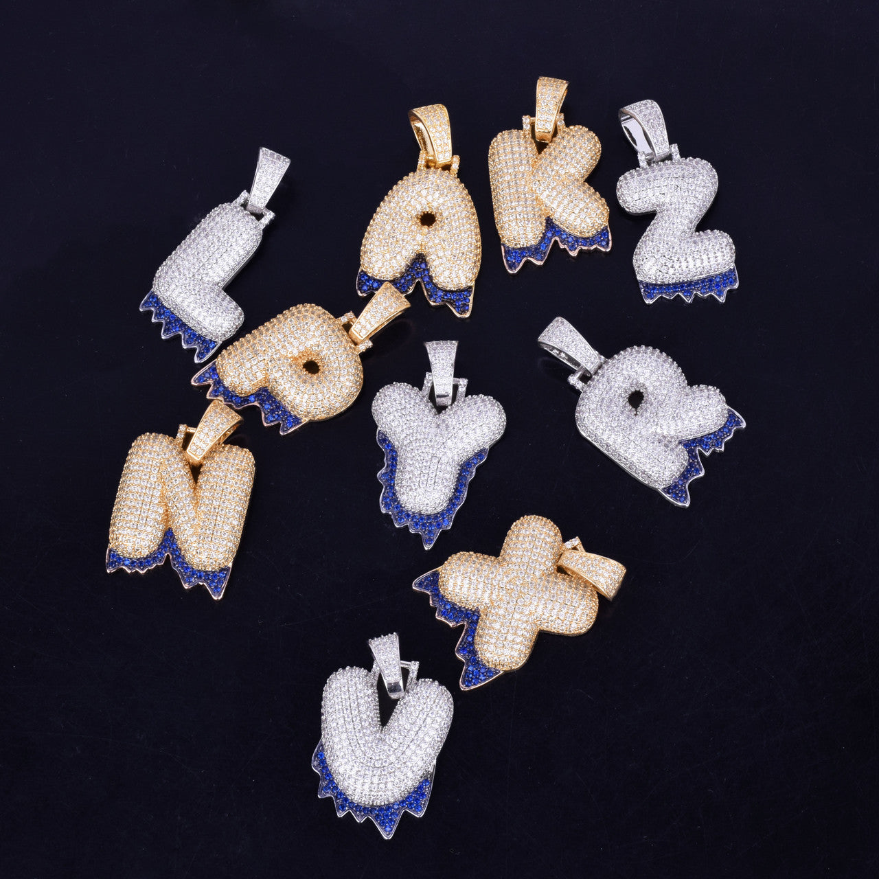 Blue Drip II | Micro Pave Hip Hop Drip Drop Graffiti Letters Initial Pendants