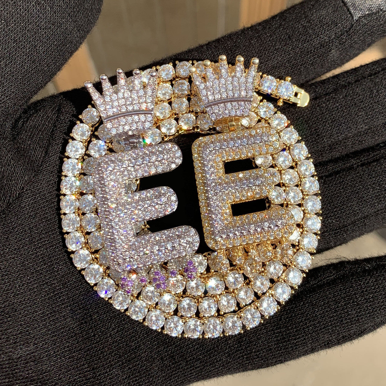 Custom Ice Crown Bail Purple Drip Initials Bubble Letters Gold Silver Bling Chain Pendant