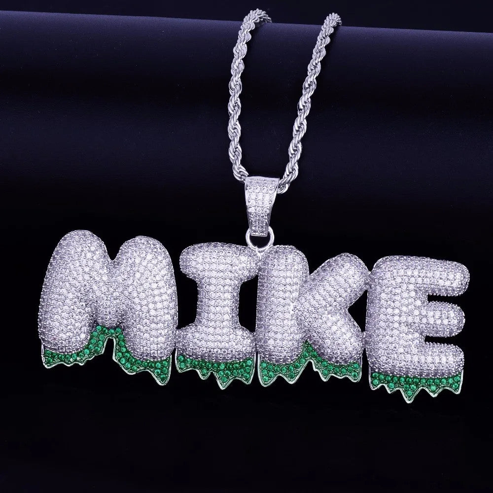 Green Drip | Micro Pave Hip Hop Custom Name Plate Graffiti Letters Pendant