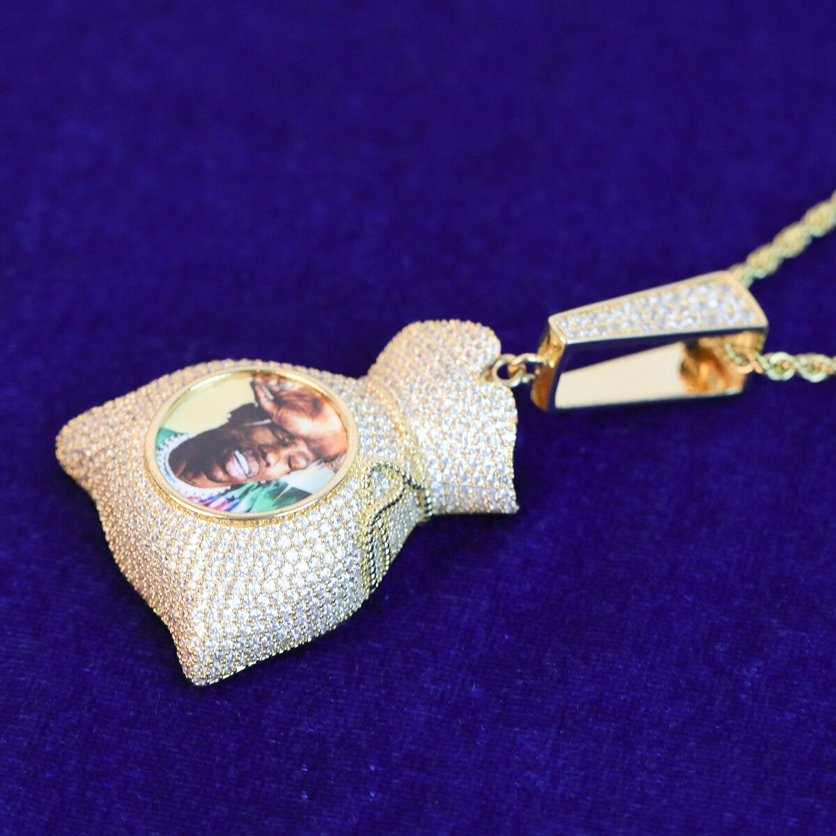 Custom Photo White Yellow Rose Gold Money Bag Flooded Ice Pendant Chain Necklace