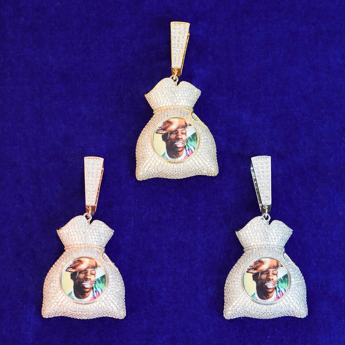 Custom Photo White Yellow Rose Gold Money Bag Flooded Ice Pendant Chain Necklace