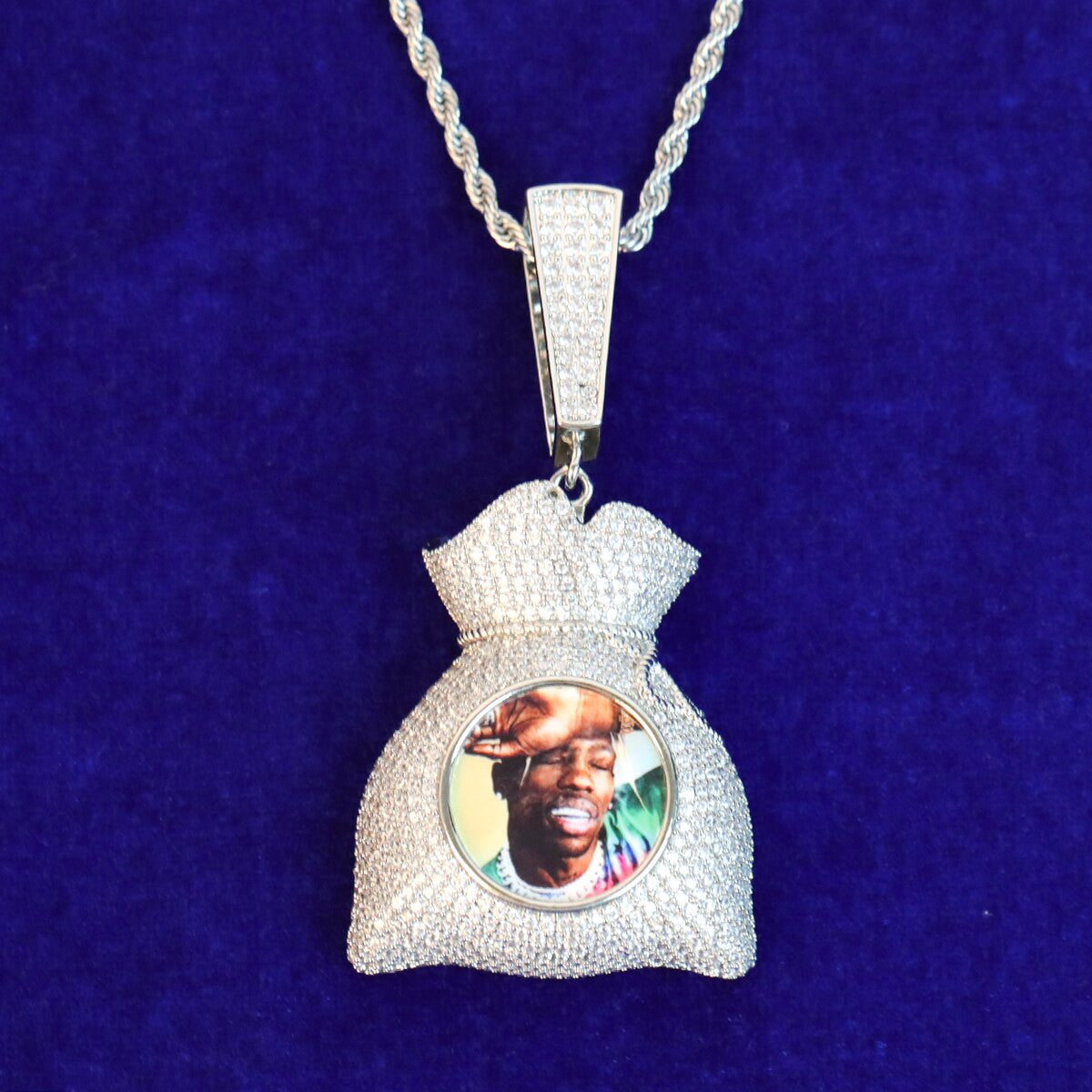 Custom Photo White Yellow Rose Gold Money Bag Flooded Ice Pendant Chain Necklace