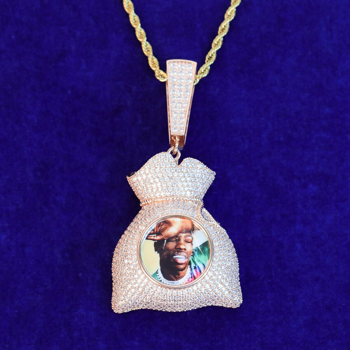 Custom Photo White Yellow Rose Gold Money Bag Flooded Ice Pendant Chain Necklace