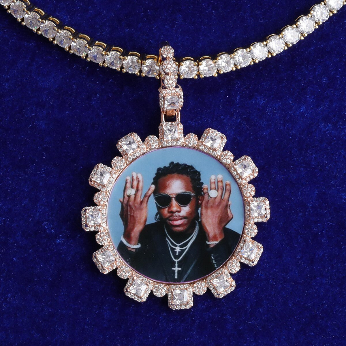 5A 4 Prong Center Stone Hip Hop Custom Photo Medallion Bling Pendants