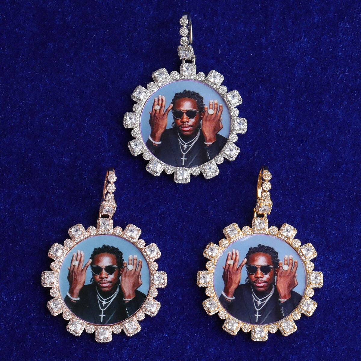 5A 4 Prong Center Stone Hip Hop Custom Photo Medallion Bling Pendants