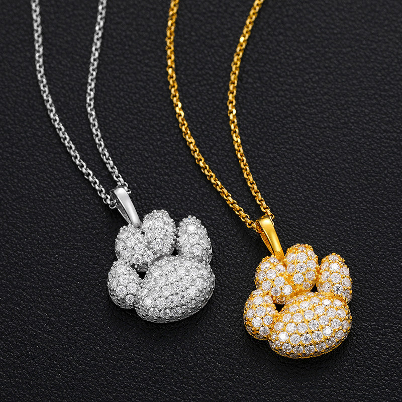 Genuine Diamond Paw Print Solid Sterling Silver Hip Hop Pendant Chain Necklace