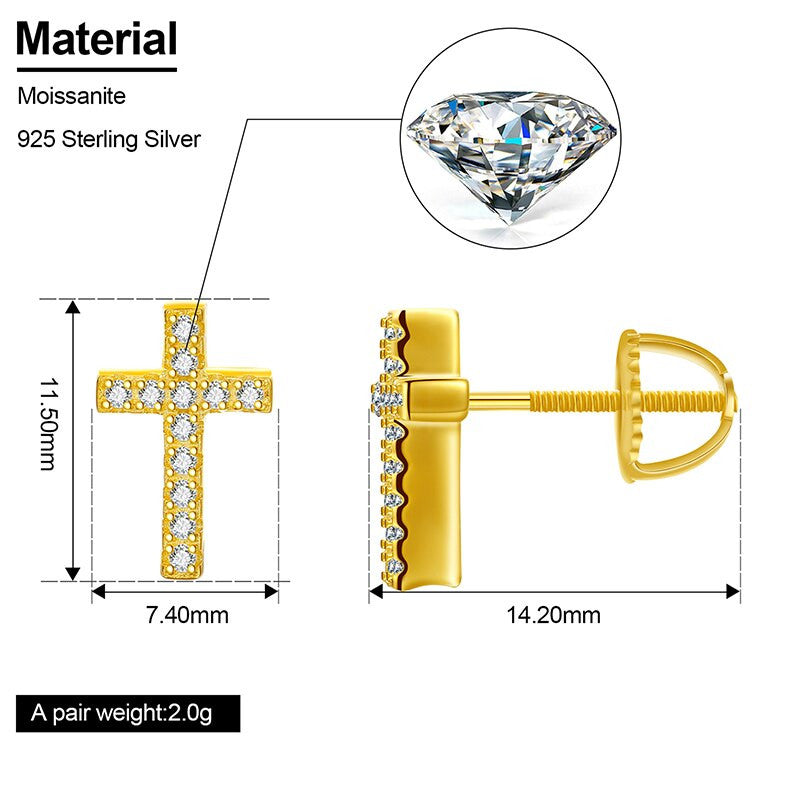 Solid 925 Sterling Silver Genuine VVS Diamond Iced Cross Hip Hop Earrings