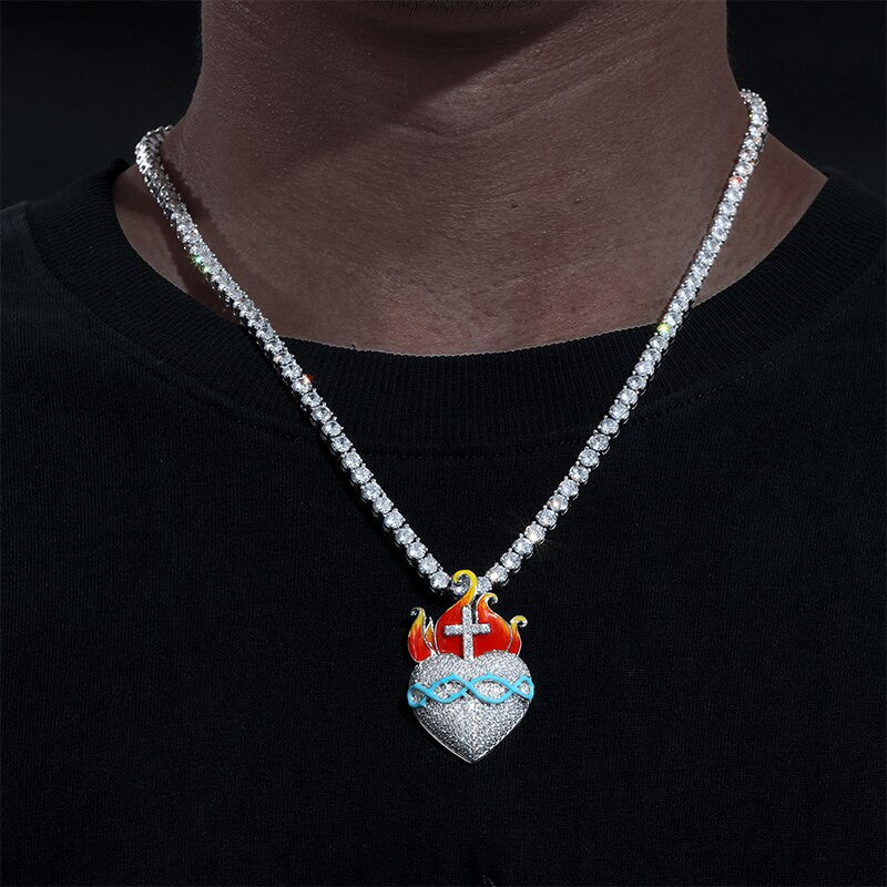 Heart Of Fire | Moissanite Diamond Cross Flame Glow In The Dark Silver Pendant