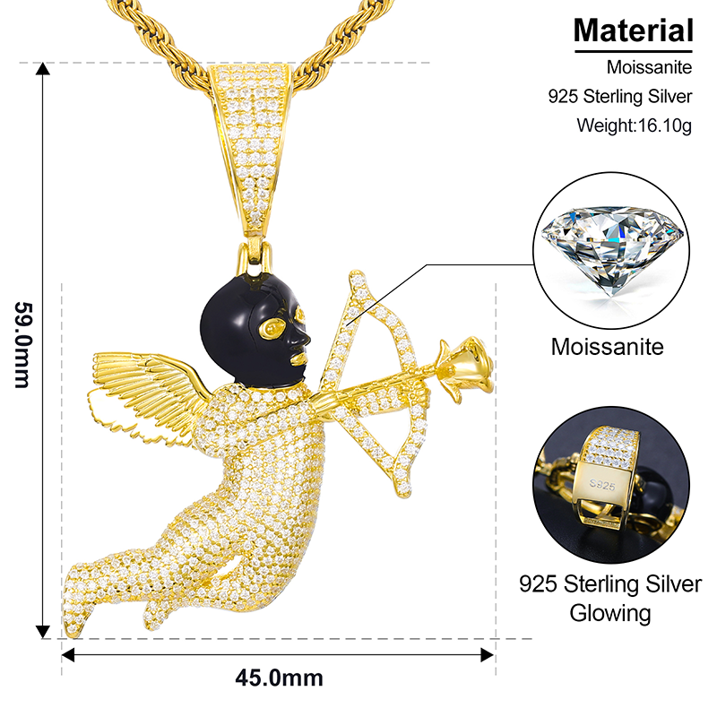 Solid 925 Silver Masked Love Cupid Genuine VVS Diamond Hip Hop Pendant Chain Necklace