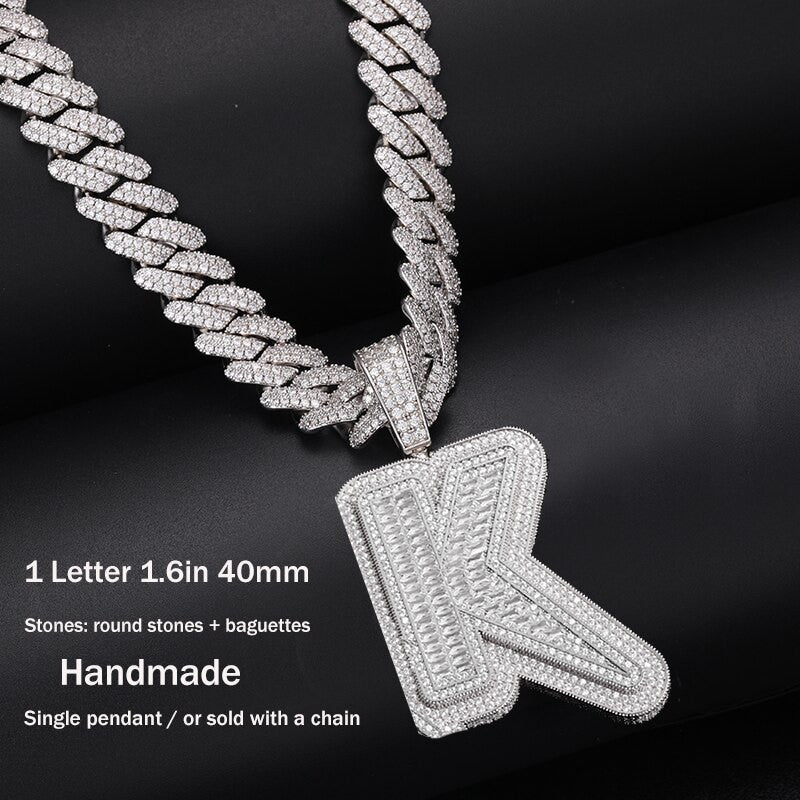 Genuine VVS Diamond Custom Made Baguette 925 Solid Silver Name Plate Pendant Chain