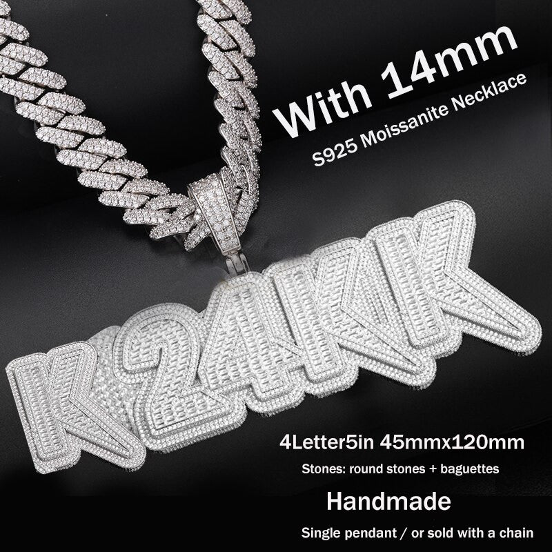 Genuine VVS Diamond Custom Made Baguette 925 Solid Silver Name Plate Pendant Chain