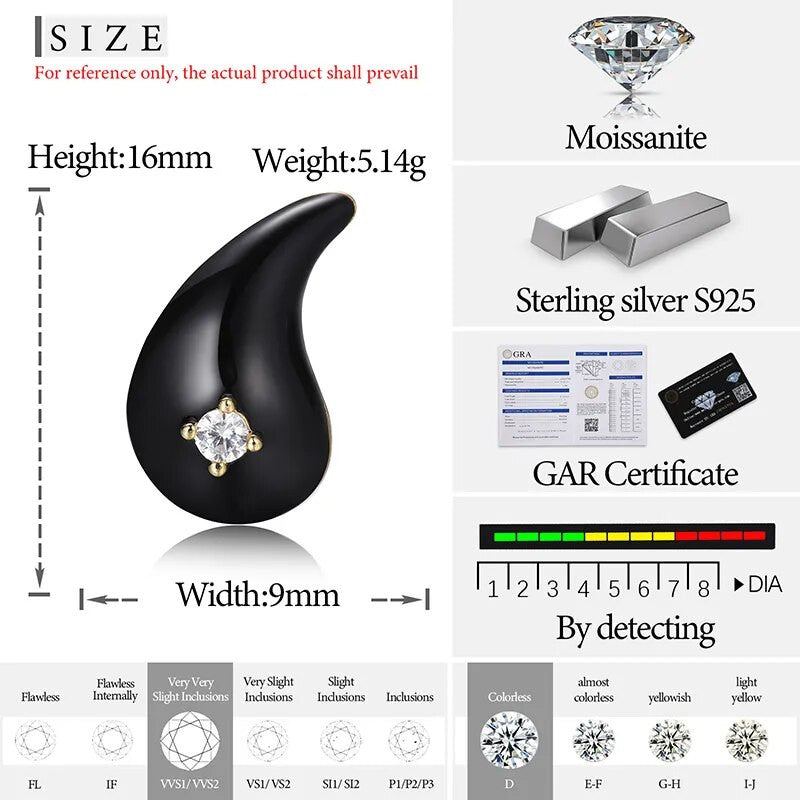 Solid Sterling Silver VVS Diamond Black White Yin Yang Tear Drop Designer Earrings