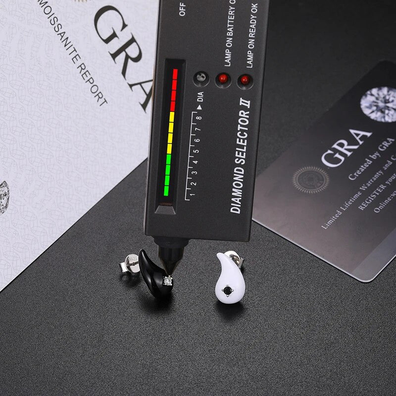 Solid Sterling Silver VVS Diamond Black White Yin Yang Tear Drop Designer Earrings