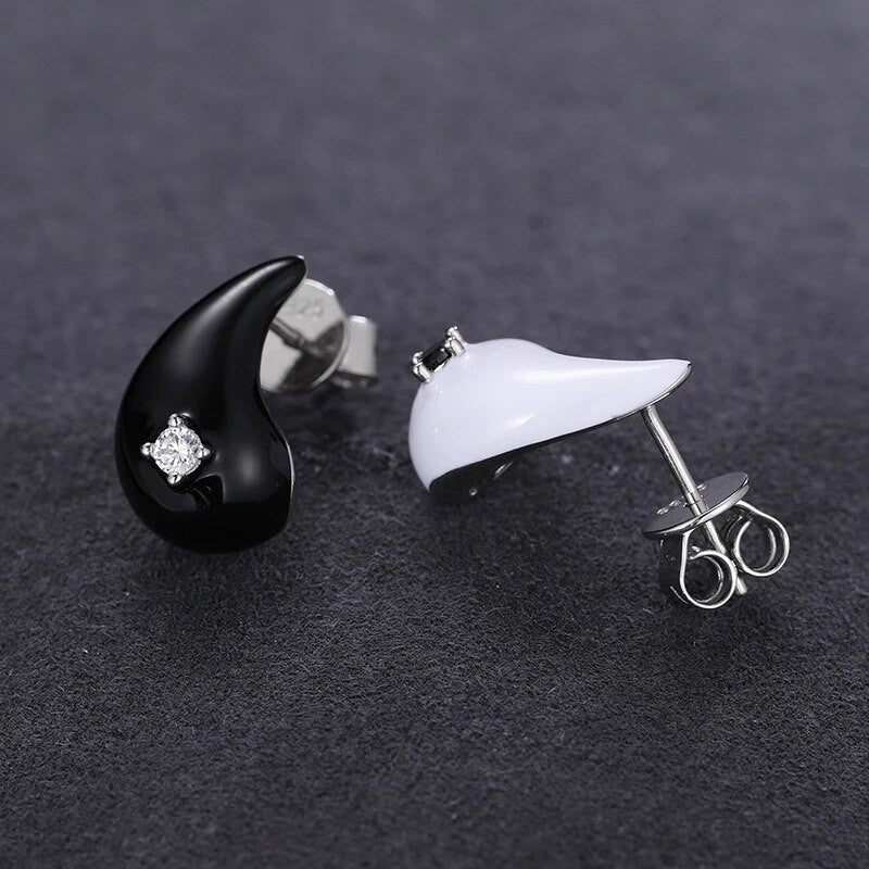 Solid Sterling Silver VVS Diamond Black White Ying Yang Tear Drop Designer Earrings