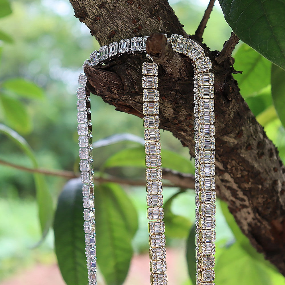18k Gold .925 Silver Square Baguette Flooded Ice Cluster Chain Necklace