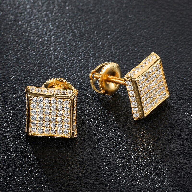 14k Gold 925 Silver Hip Hop Full AAA Micro Paved Squared Corner Bling Earrings