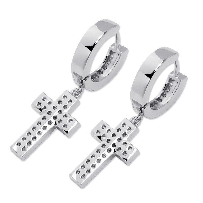 Retro Huggie | VVS Diamond CZ Dangle Cross 80's Style Hip Hop 4 Prong Set Earrings
