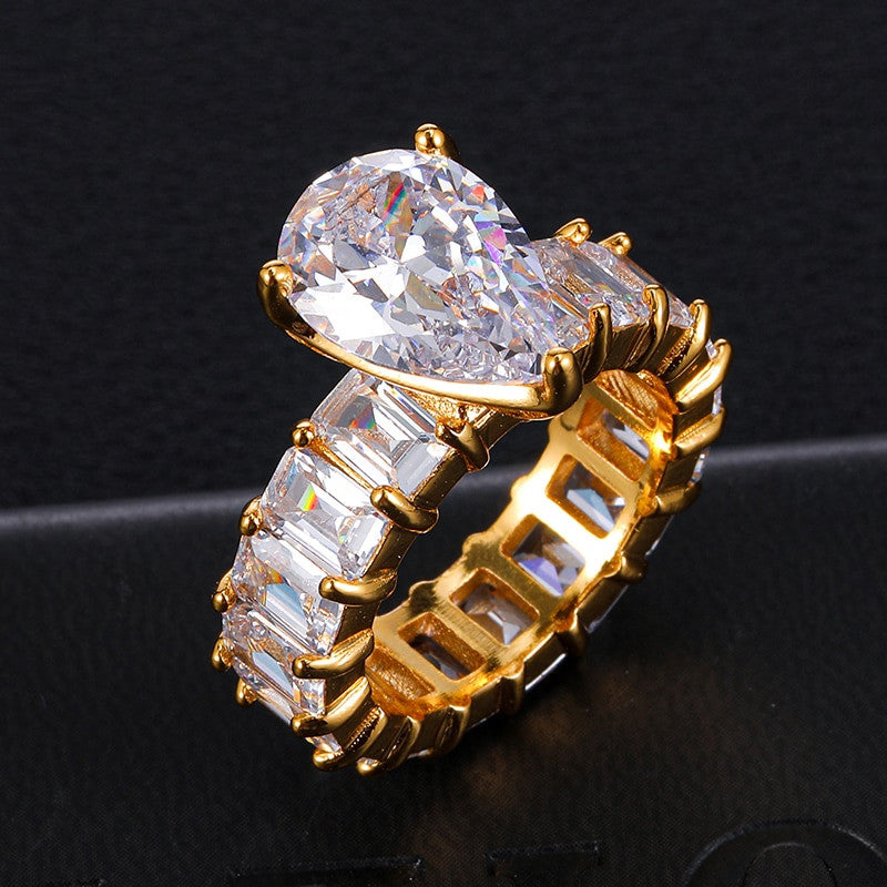 Ladies Tear Drop Center Stone 18k Gold .925 Silver AAA Princess Cut Ring