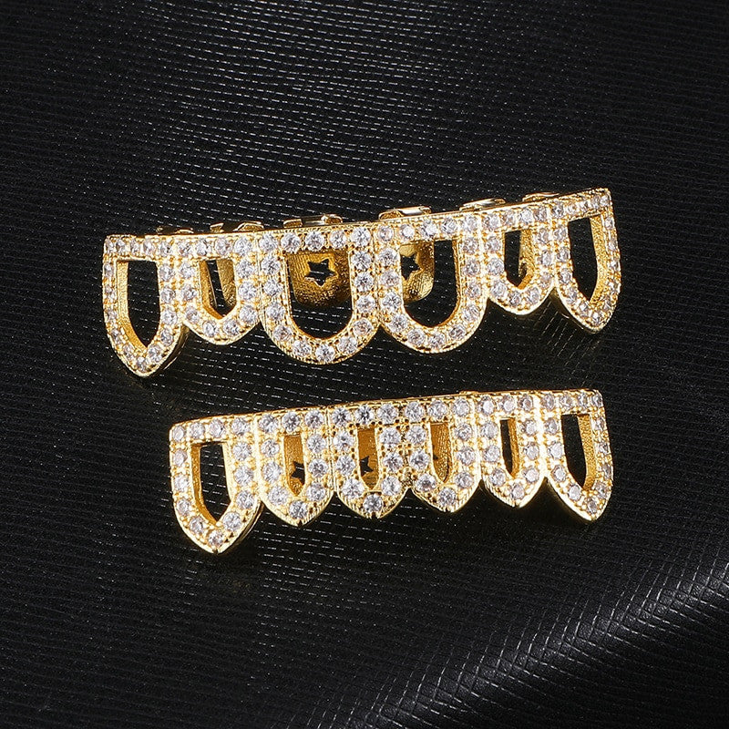 Open Face Simulated Diamond Top Bottom 14k Gold Grillz Set Teeth