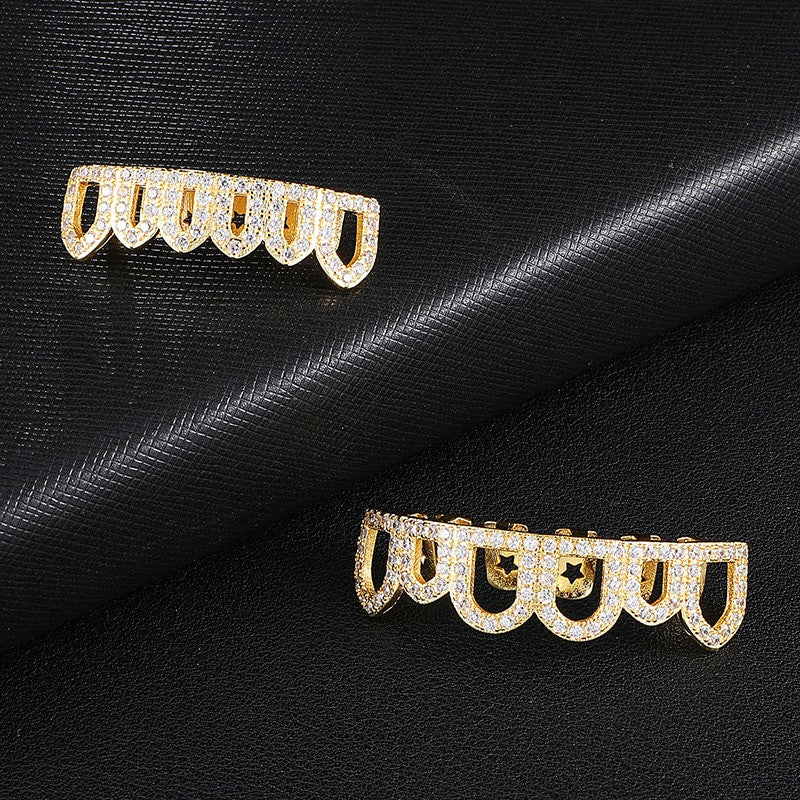 Open Face Simulated Diamond Top Bottom 14k Gold Grillz Set Teeth