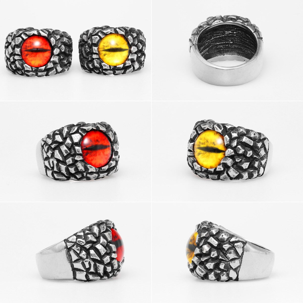 Mens No Fade Silver Stainless Steel Red Yellow Devil's Eye Rings