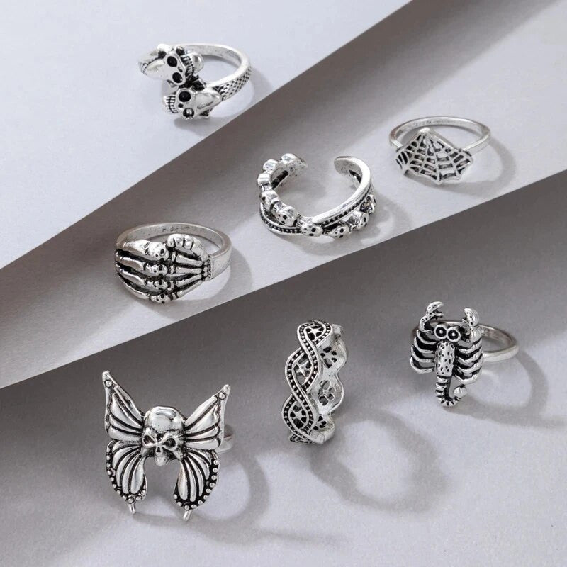 Ladies 7pcs Vintage Look Silver Web Scorpion Skull Butterfly Ring Set