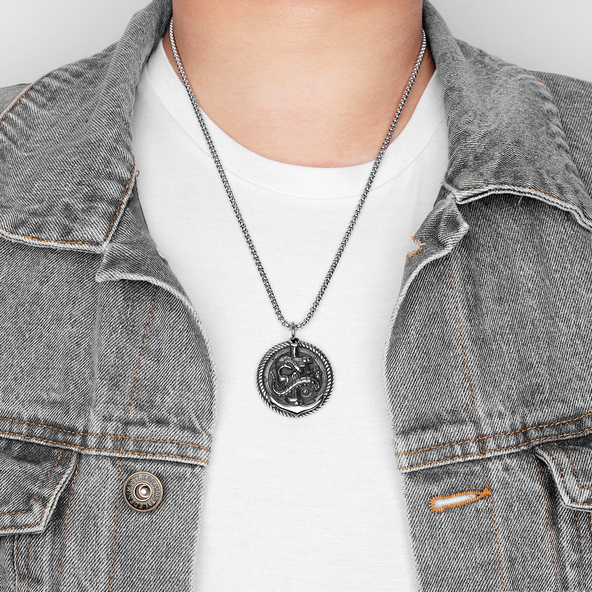 Mens No Fade Octopus Pirate Anchor Stainless Steep Unique Pendant Chain Necklace
