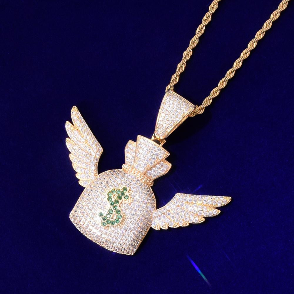 Money Flying To Me Dollar Sign Wings Money Bag Gold Silver Rose Gold Hip Hop Pendant
