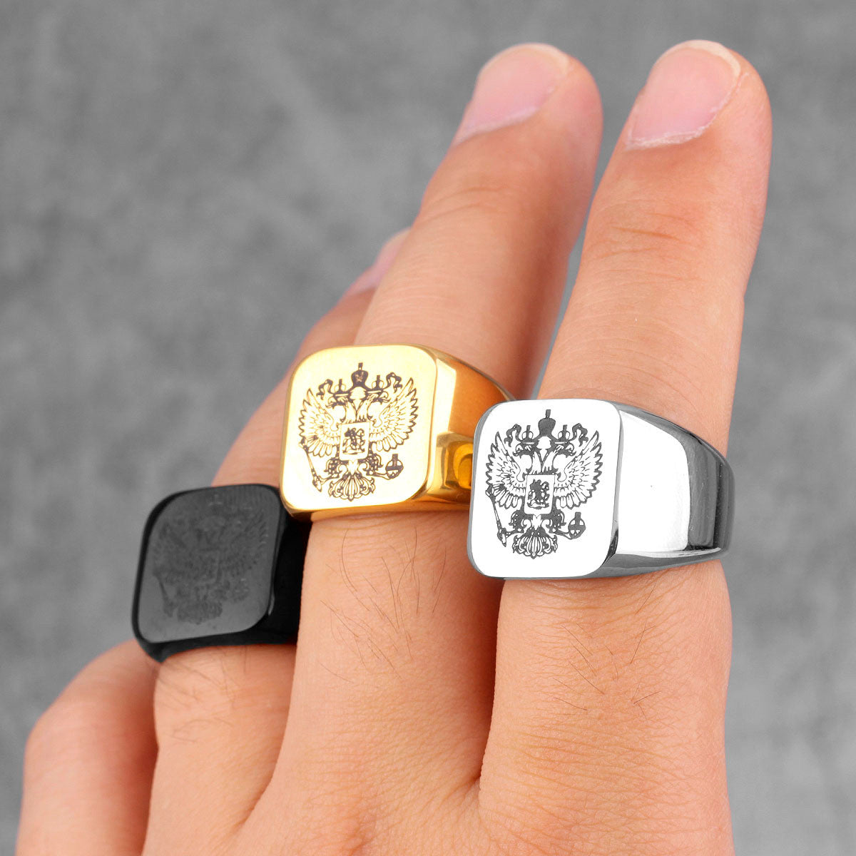 Mens 14k Gold Silver Black Stainless Steel National Emblem Street Wear Rings