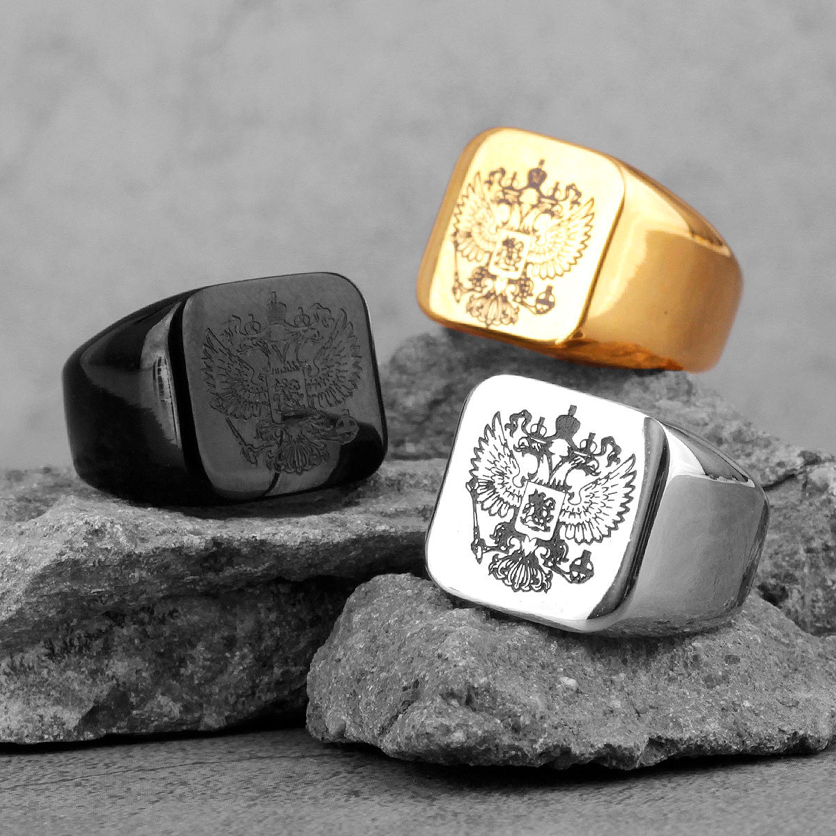 Mens 14k Gold Silver Black Stainless Steel National Emblem Street Wear Rings