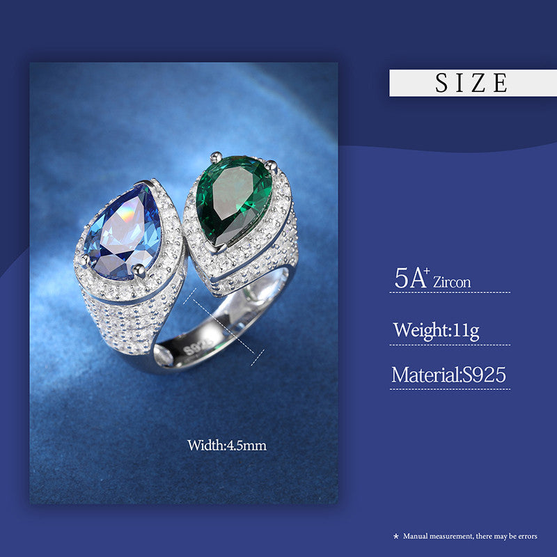 Double Tear Drop Moissanite Diamond Blue Green Stone 925 Solid Silver Iced Bling Rings