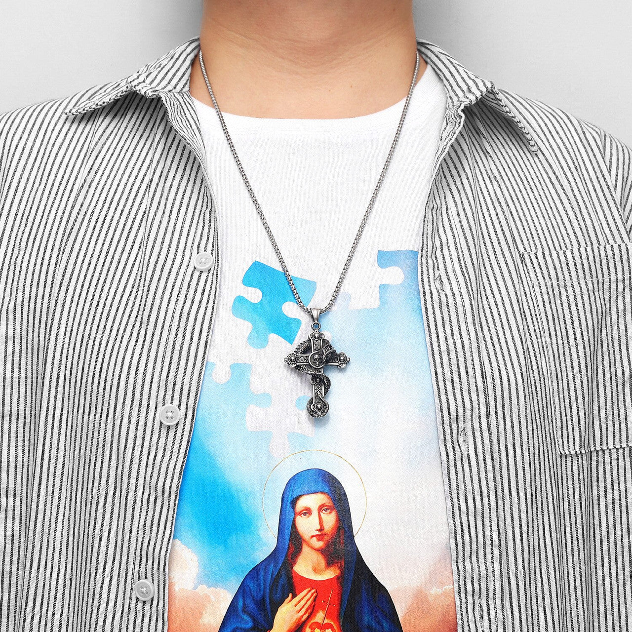 Mens Ancient Skull Head Dragon Cross Street Wear Pendant Chain Necklace