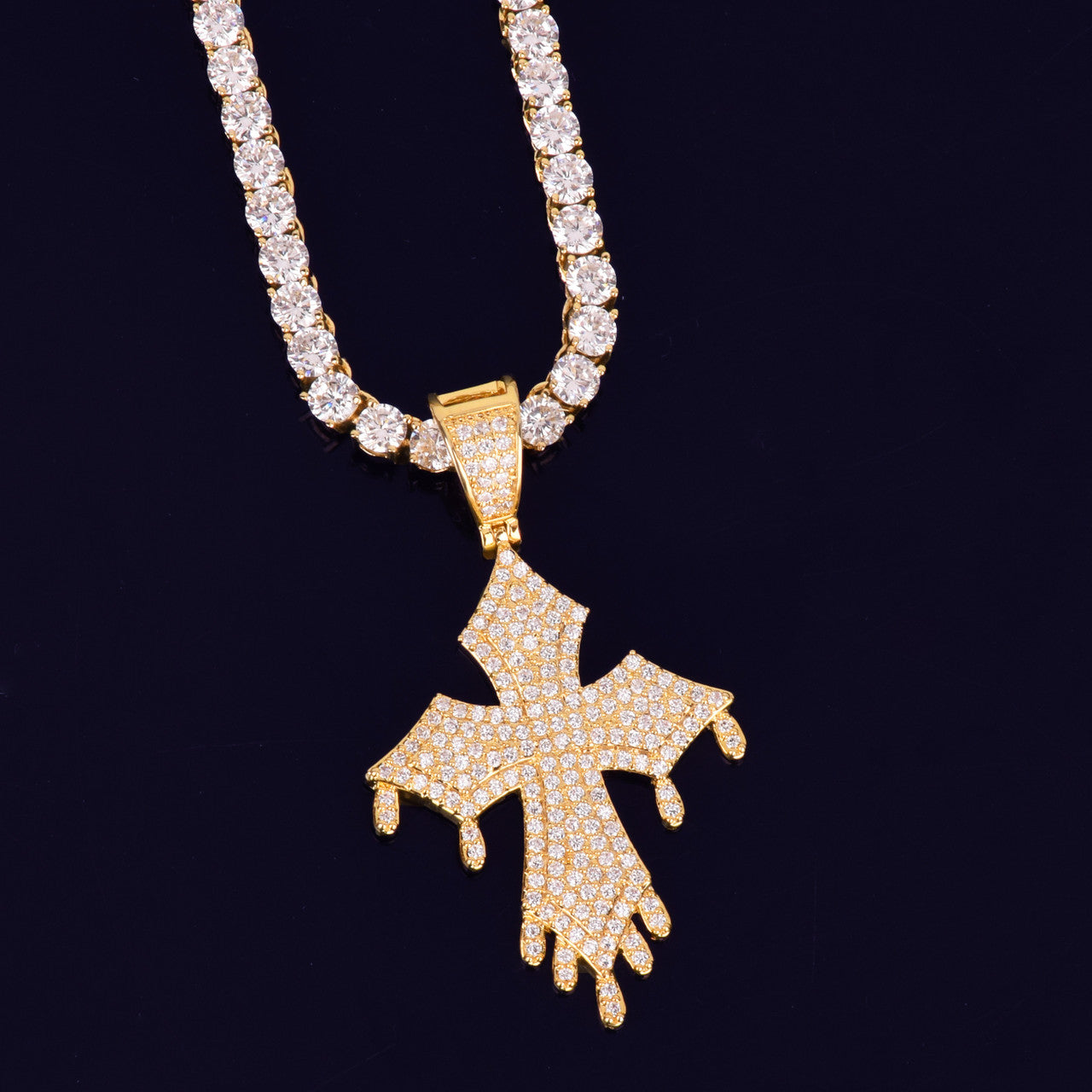 18k Gold Drip Micro Pave Cross Chain Necklace