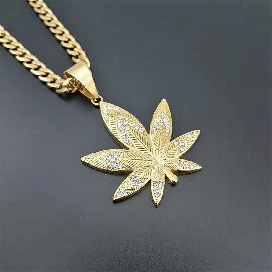 Hemp Weed Leaf No Fade Stainless Steel Gold Ice Pendant Chain Necklace