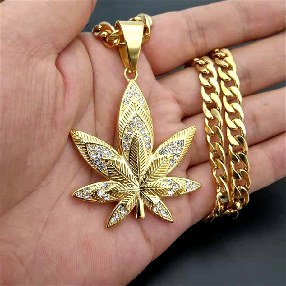 Hemp Weed Leaf No Fade Stainless Steel Gold Ice Pendant Chain Necklace