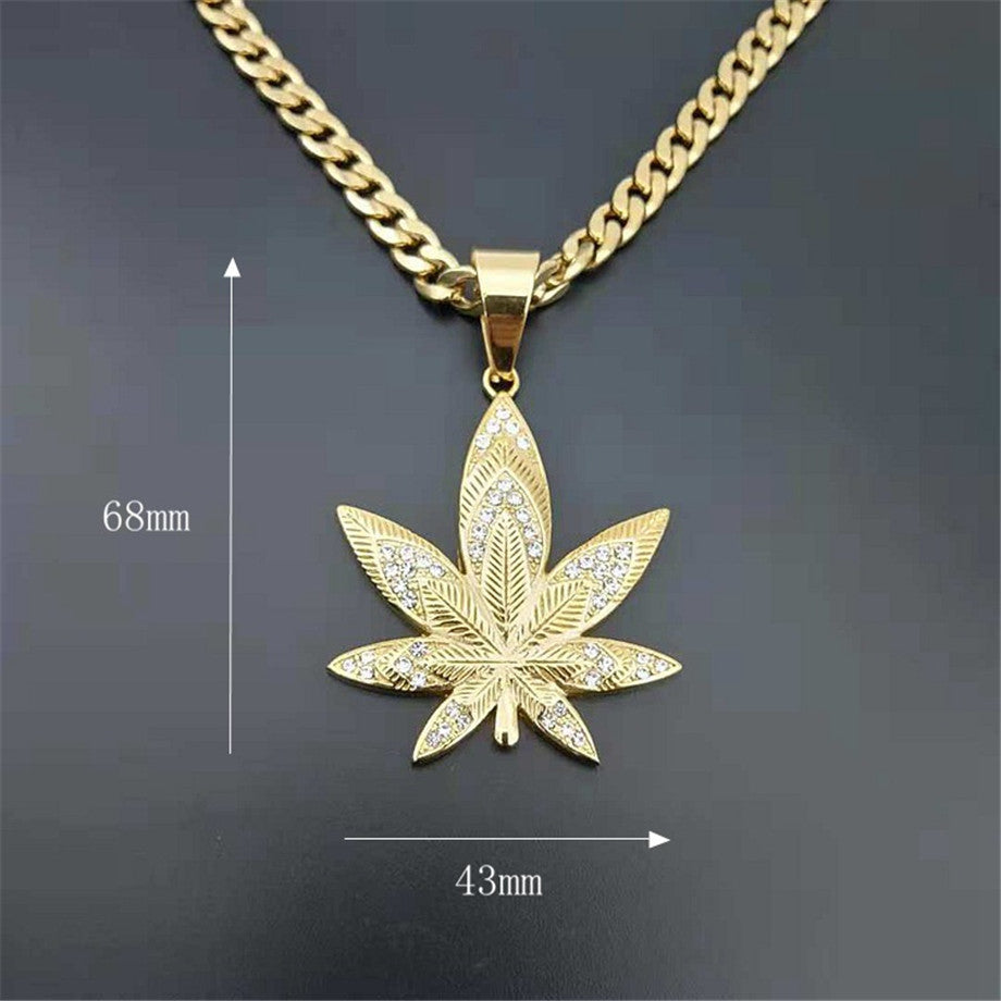 Hemp Weed Leaf No Fade Stainless Steel Gold Ice Pendant Chain Necklace