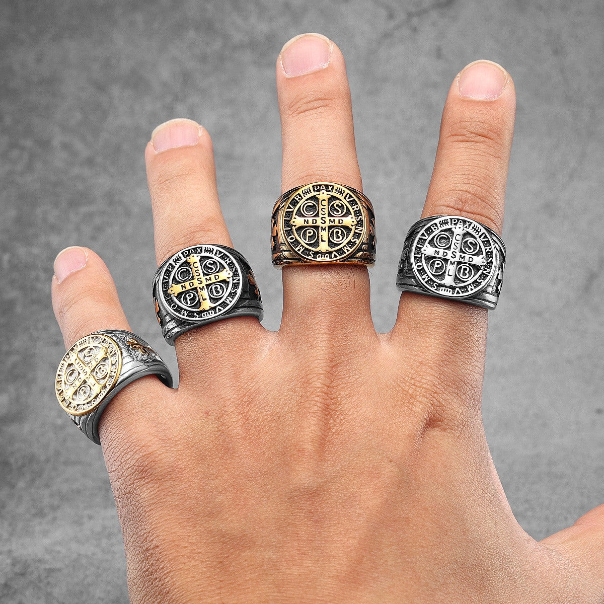Mens 14k Gold Over No Fade Stainless Steel Saint Benedict Exorcism Street Wear Rings