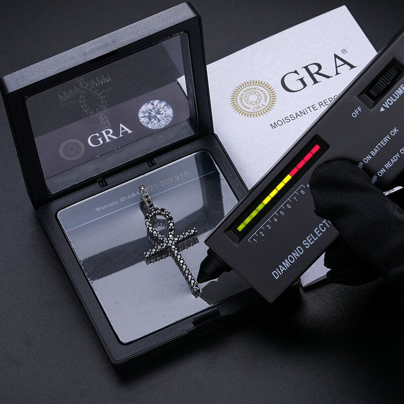 925 Sterling Silver Genuine VVS Black Diamond Hip Hop Ankh Cross Pendant Necklace