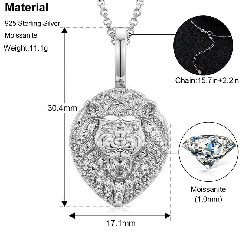 Genuine VVS Lab Diamond Gold Silver Rose 925 Sterling Silver Lion Head Hip Hop Chain