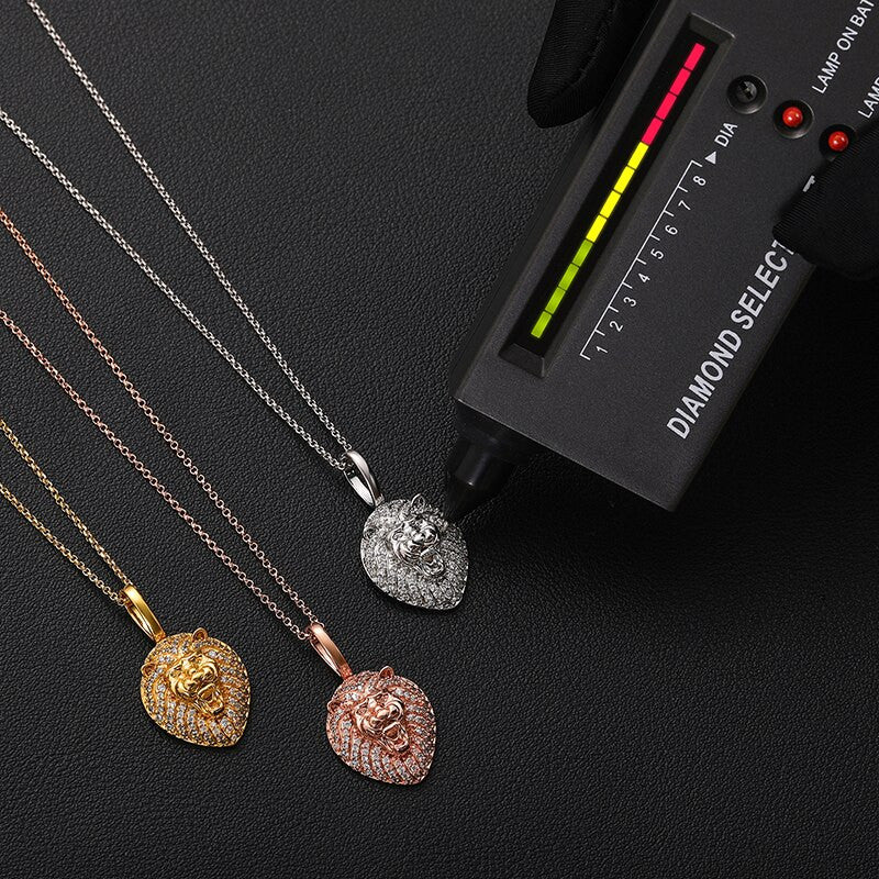 Genuine VVS Lab Diamond Gold Silver Rose 925 Sterling Silver Lion Head Hip Hop Chain